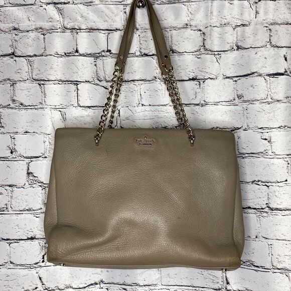 Kate Spade Chain and Leather Strap Magnetic Closure Gray Tan Tote Handbag Purse - Picture 1 of 16